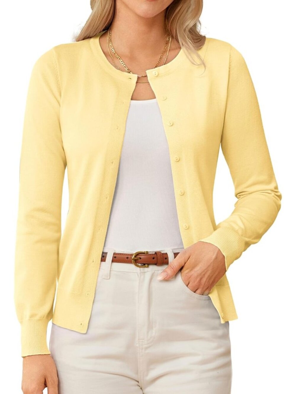 🆕Women's Light Yellow Lightweight Knit Cardigan Sweater Crew Neck Button Front